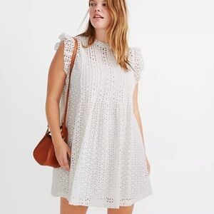 Madewell Eyelet Ruffle-Sleeve Pintuck Mini Dress Small White Floral Cottagecore